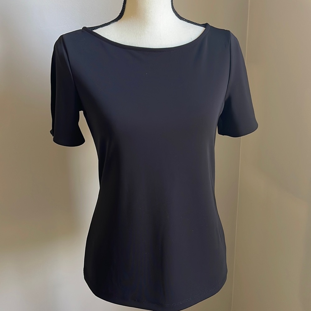 Talbot’s Black Short Split Sleeves Boat Neck Luxe Blouse Top Size XS
